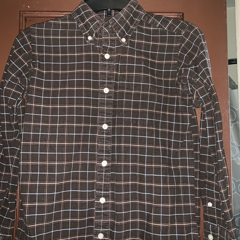 Boys brown blue plaid button down shirt